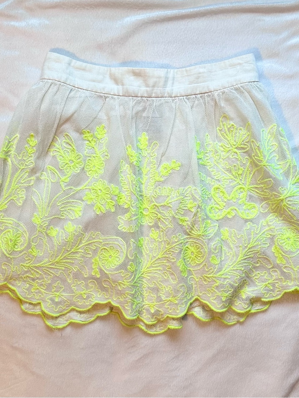 VANESSA VIRGINIA Anthropologie Beige Embroidered Floral Neon Yellow Mesh Skirt 2